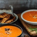 Pepper Almond Soup with Spicy Tempeh